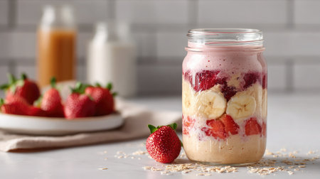 Strawberry banana smoothie with visible layers in a mason jar placed on white surfaceの素材