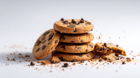 Stack of chocolate chip cookies with crumbs on a white backgroundの素材