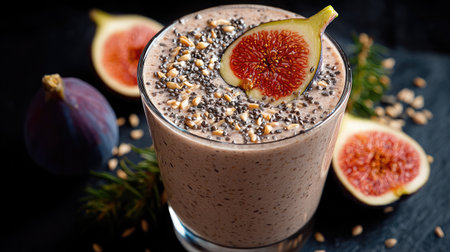 Smoothie made with fig and banana topped with seeds in a frosty glass on white backgroundの素材
