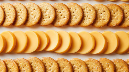 Sliced cheese and crackers arranged in rows with minimal styling on a white backgroundの素材