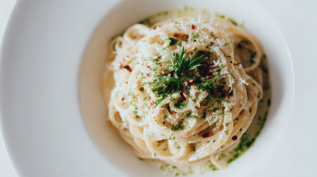 Pasta with creamy sauce and parmesan cheese on white ceramic plate over white surfaceの素材