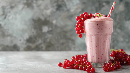 Redcurrant smoothie in a sleek modern cup with berries neatly arranged beside it on whiteの素材