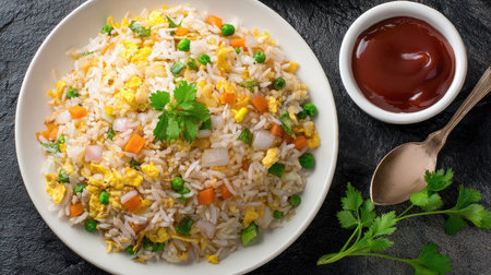 Plate of fried rice with vegetables and garnish centered on clean whiteの素材