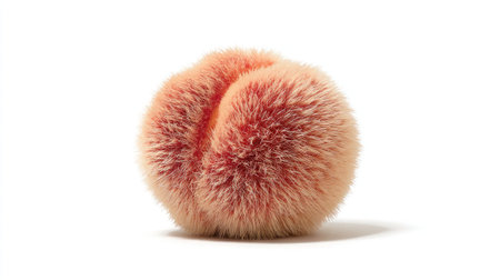 Single peach with fuzzy skin centered against a stark white backgroundの素材