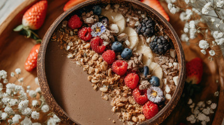 Smoothie bowl with mixed fruit toppings and granola placed in a wide bowl over whiteの素材