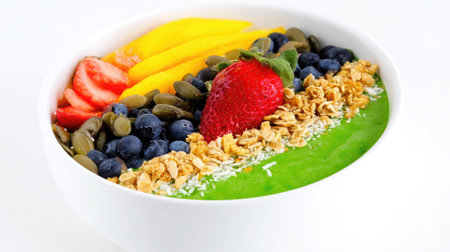 Smoothie bowl with mixed fruit toppings and granola placed in a wide bowl over whiteの素材