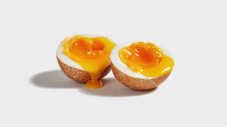 Soft-boiled eggs halved with runny yolk on a clean white backgroundの素材