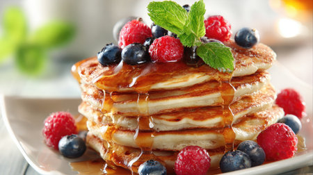 Stack of pancakes with syrup dripping and fresh berries on a plate over white surfaceの素材