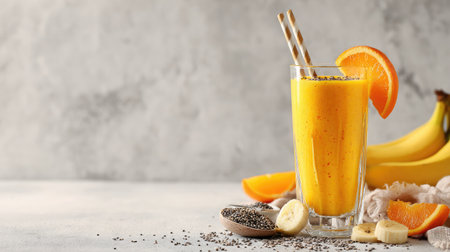 Orange banana smoothie in a tall glass with ingredients displayed beside it on a white backgroundの素材