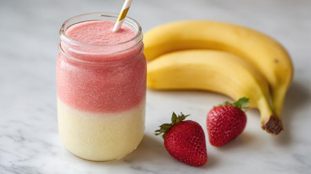 Strawberry banana smoothie with visible layers in a mason jar placed on white surfaceの素材