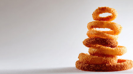 Stack of golden onion rings arranged in a spiral on clean whiteの素材
