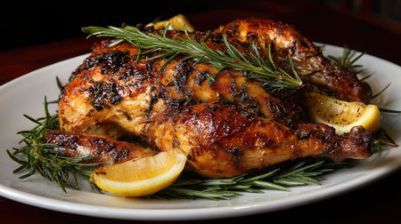 Whole roasted chicken garnished with rosemary on a white serving dishの素材