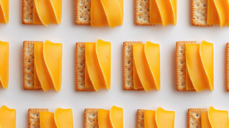 Sliced cheese and crackers arranged in rows with minimal styling on a white backgroundの素材