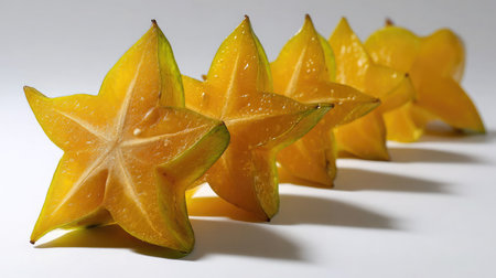 Starfruit sliced into stars and arranged in a line on white with shadowsの素材