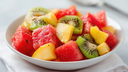 Small bowl of mixed fruit salad with diced mango, kiwi, and watermelon on white surfaceの素材