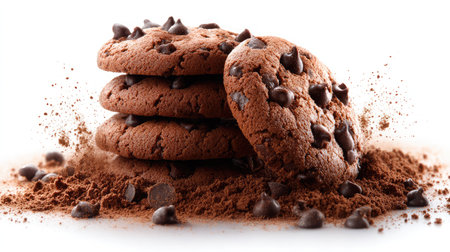 Stack of chocolate chip cookies with crumbs on a white backgroundの素材