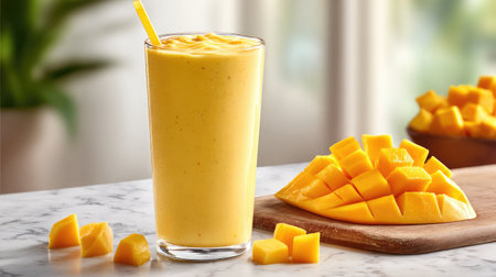 Tropical mango smoothie in a tall glass with fresh mango cubes and a yellow straw on white surfaceの素材