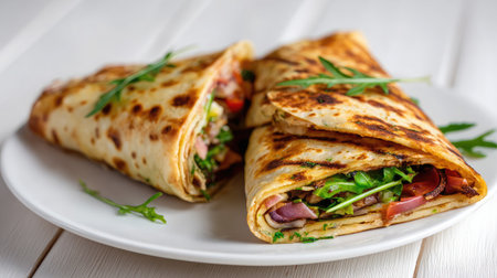 Vegan wrap cut diagonally and placed flat on a white surfaceの素材