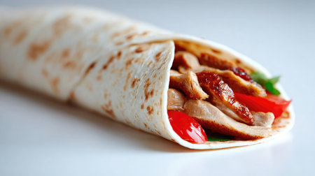 Vegan wrap cut diagonally and placed flat on a white surfaceの素材