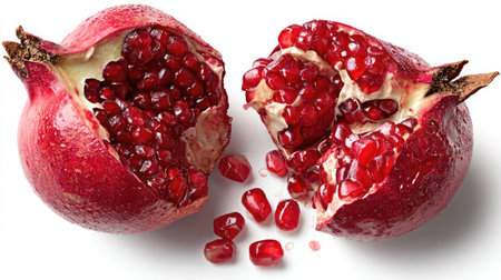 Pomegranate broken open to reveal ruby red seeds on a clean white backgroundの素材
