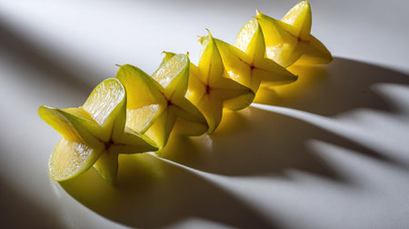 Starfruit sliced into stars and arranged in a line on white with shadowsの素材