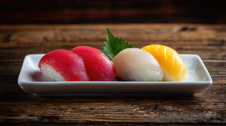Traditional sushi nigiri placed side by side on a white rectangular dishの素材