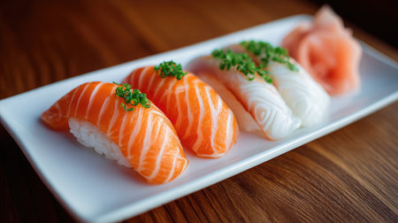 Traditional sushi nigiri placed side by side on a white rectangular dishの素材