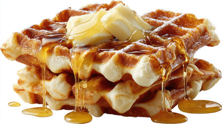 Stack of waffles with butter and syrup drizzled, captured on white backgroundの素材