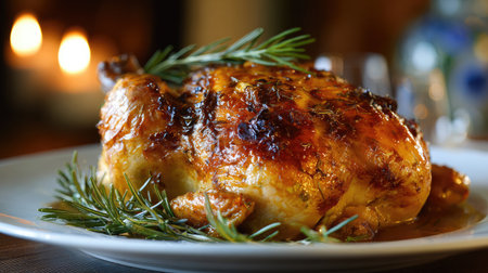 Whole roasted chicken garnished with rosemary on a white serving dishの素材