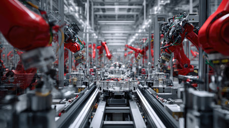 Assembly line with collaborative robots and precision equipment in operationの素材