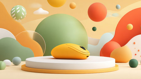 Colorful wireless mouse placed on pastel-colored flat surface backgroundの素材