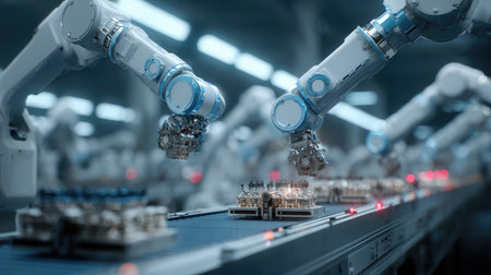 Assembly line with collaborative robots and precision equipment in operationの素材