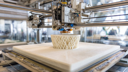 Advanced D printer fabricating industrial parts inside a smart factory settingの素材