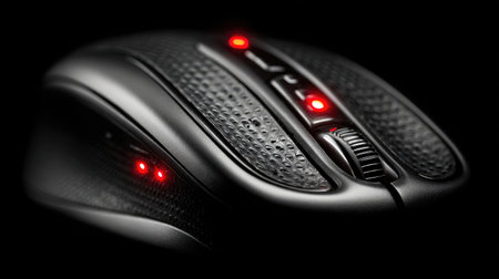 Close-up of mouse buttons and LED indicator lights on high-end wireless mouseの素材