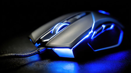Close-up of ergonomic gaming mouse with LED lights glowing on a dark backgroundの素材
