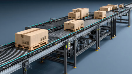 Conveyor belt system transporting products through a fully automated factory lineの素材