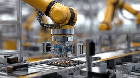 Close-up of factory robotic joint with sensors and hydraulic lines in sharp focusの素材