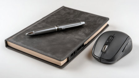 Bluetooth mouse beside tablet with stylus and notebook on white surfaceの素材