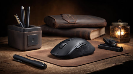 Computer mouse on a leather desk mat beside pen holder and notebookの素材