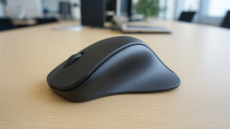 Black mouse with ergonomic curves placed beside a desktop monitor baseの素材