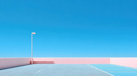 Empty outdoor parking space with clean white lines on asphalt under a clear blue skyの素材