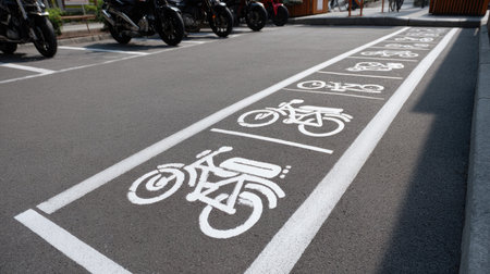 Designated motorcycle parking area with specific symbols and white boundary linesの素材