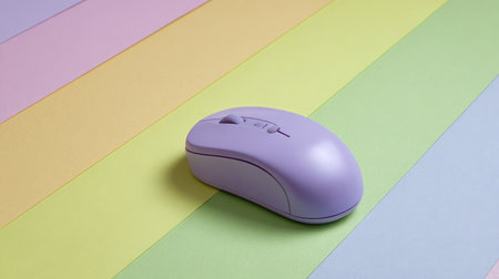 Colorful wireless mouse placed on pastel-colored flat surface backgroundの素材