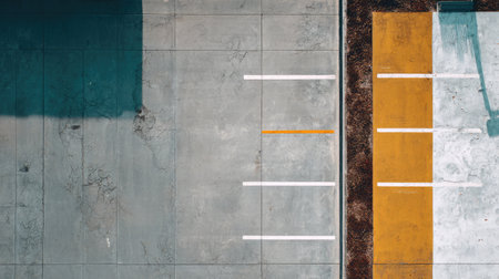 Concrete parking space with fresh paint, no cars, and overhead view from a droneの素材