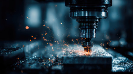 Close-up of CNC machine in action cutting precision parts with sparks flyingの素材