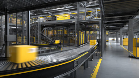 Conveyor belt system transporting products through a fully automated factory lineの素材
