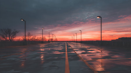 Long rows of empty parking spaces captured at sunset with dramatic warm tonesの素材
