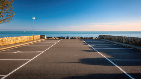 Empty parking spaces by beachfront promenade with ocean in backgroundの素材