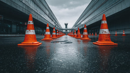 Parking space with traffic cones blocking access, taken from a low angle perspectiveの素材