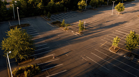Drone view of large vacant parking area with shadows of light poles stretching acrossの素材